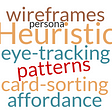 Word cloud of UX terms like “heuristic” and “wireframes.”