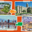 A graphic featuring postcards of four US cities.