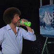 A CGI Bob Ross sipping on some mountain dew