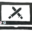 Sketch of a laptop. On the screen two swords forming an X.
