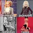 Photo set of Dolly Parton. Images represent a different side of her personality in relation to one of four social media sites