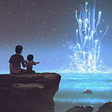 Image: A parent and child sitting on a large rock, watching a tower of glowing jellyfish rising from the ocean.