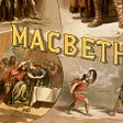 The word “Macbeth” on a background of sword-fighting in medieval times.