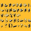 3D shaped Isometric letters, numbers and symbols illustrated on a yellow background