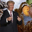 Trump giving a thumbs up in a field of rotten crops.