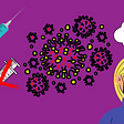 Cartoon images of girl in mask, the Covid-19 virus and needles to administer the vaccine