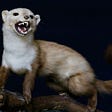 Weasel on branch with mouth open teeth showing ready to bite