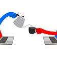 Two laptops facing each other with hands extending from the screens and pouring coffee into a mug