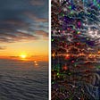 Left image, picture of sun setting between clouds. Right image, result of deep dreamming applied to the left image.