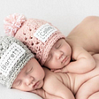 baby knitted caps with customized names for twins, triplets or single babies