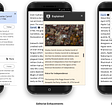 Three mobile devices presenting content sites with spacial commentary