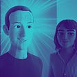 Image of Mark Zuckerberg’s version of himself in the metaverse, with his brain shining besides a lady smiling.