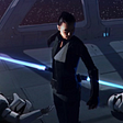 Rey with a double-bladed lightsaber in concept art for Duel of the Fates