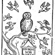 woodcut of a cute owl surrounded by other birds