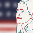 A red, white, and blue line drawing of Amy Coney Barrett, with a blurry American flag in the background.