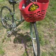 Woman’s bike with a basket holding roller skates and buttercups