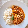 chicken, curry, rice, peanuts, legumes