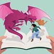 Woman with a sword and fire-breathing dragon face each other atop open book held in two hands.