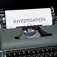 A manual typewriter with paper in the feed that reads investigation