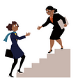 A professional woman helping another climb up the stairs depicting mentoring and support