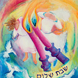 Rainbow abstract painting of Shabbat candles and people