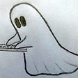 Funny b&w drawing of a ghost typing on the keyboard of a laptop computer ... ghost-writing a piece of marketing content