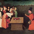 Bosch’s painting ‘The Conjurer,’ which depicts a grinning magician amazing a group of rubes with a shell-game trick. The face of the magician has been replaced with Elon Musk’s, and one of the shells on the table has been replaced with a Tesla automobile. Image: Heisenberg Media (modified) https://commons.wikimedia.org/wiki/File:Elon_Musk_-_The_Summit_2013.jpg Steve Jurvetson (modified) https://commons.wikimedia.org/wiki/File:Tesla_Model_S_Indoors_trimmed.jpg CC BY 2.0: https://creativecommo