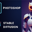 Photoshop and Stable Diffusion integration banner. A female robot on the right side