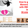 A woman over 40 thinking about a needing her annual mammogram with a link show her how to get it done in 30 minutes.