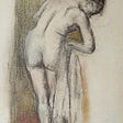 Sketchy painting of the back side of a naked woman drying her hip with a towel. She is looking down and bending slightly at her waist.
