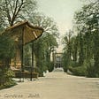 The canopy of the old bandstand on the left looking up the central path to the Loggia at the top of the park