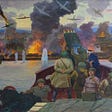 A painting of the Soviet defensive line at the Volga river, considered the pivotal moment in which the sequence of events began which would result in the Soviet victory over the Nazis.