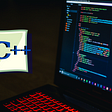 A laptop displays lines of codes with a c++ logo to its left.