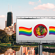 Image of billboard with Blackhawk logo and rainbow flags in front of Chicago skyline