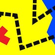 Treasure map style abstract map with a red x and dotted line leading to it on a blue and yellow background.