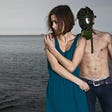 Woman turning away from shirtless man in gas mask