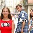 Meme of a C developer lusting after goto, to the disgust of else, break, continue and return.