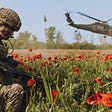 Soldier crouches in a poppy field as a helicopter lands