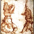 Sketch in red chalk on white paper representing two men in elaborate Renaissance clothes hanging by one foot