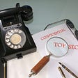 Old fashioned telephone with a top secret confidential file