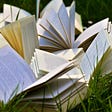 A line of books lying on grass with their pages open.