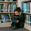 A schoolboy hugs his knees sitting in the corner of a library.