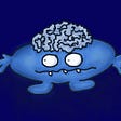 Blue monster looking slightly grumpy with brain protruding out of its head