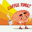A tired-looking brain, holding coffee, standing in front of a caffeine level chart.