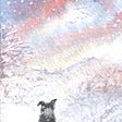 Painting of dog gazing at a snow storm.