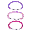Three pink handmade bracelets with alphabet beads that read: GASLIGHT, GATEKEEP, GIRLBOSS