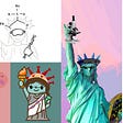 Whimsical illustrations of Lady Liberty depicting various biological concepts