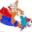 Canadian 2019 federal election map coded by winning parties