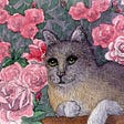 Painting of a cat amongst roses