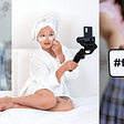 Man with mobile phone saying #challenge, young girl in bathrobe with a mobile on a selfie stick, and a faceless woman holding a mobile phone saying #foryou